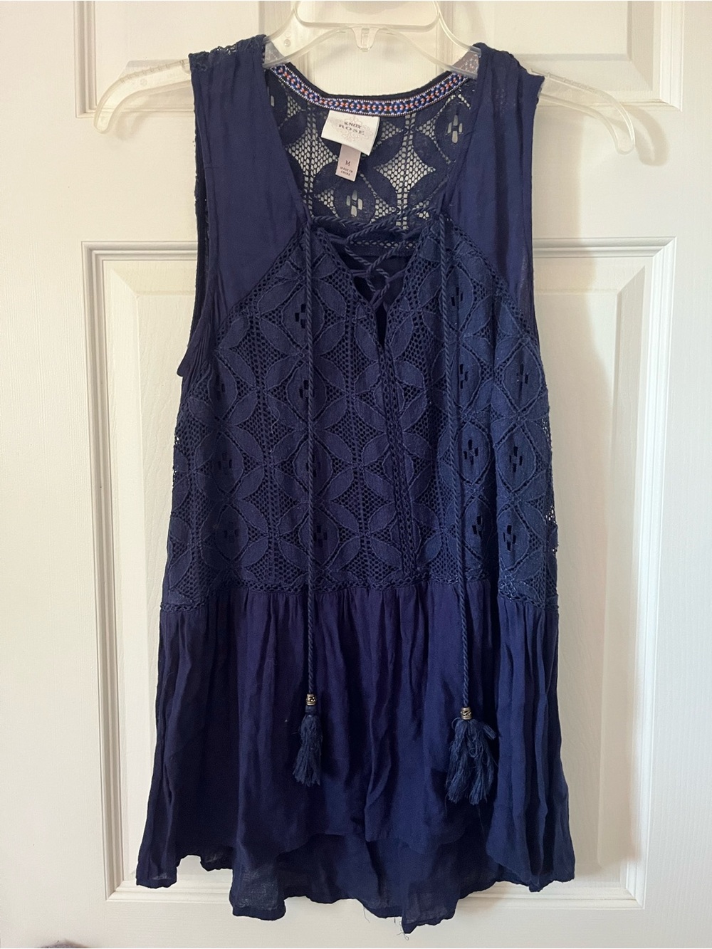 knox rose women’s navy crochet lace up tie front top with tassels